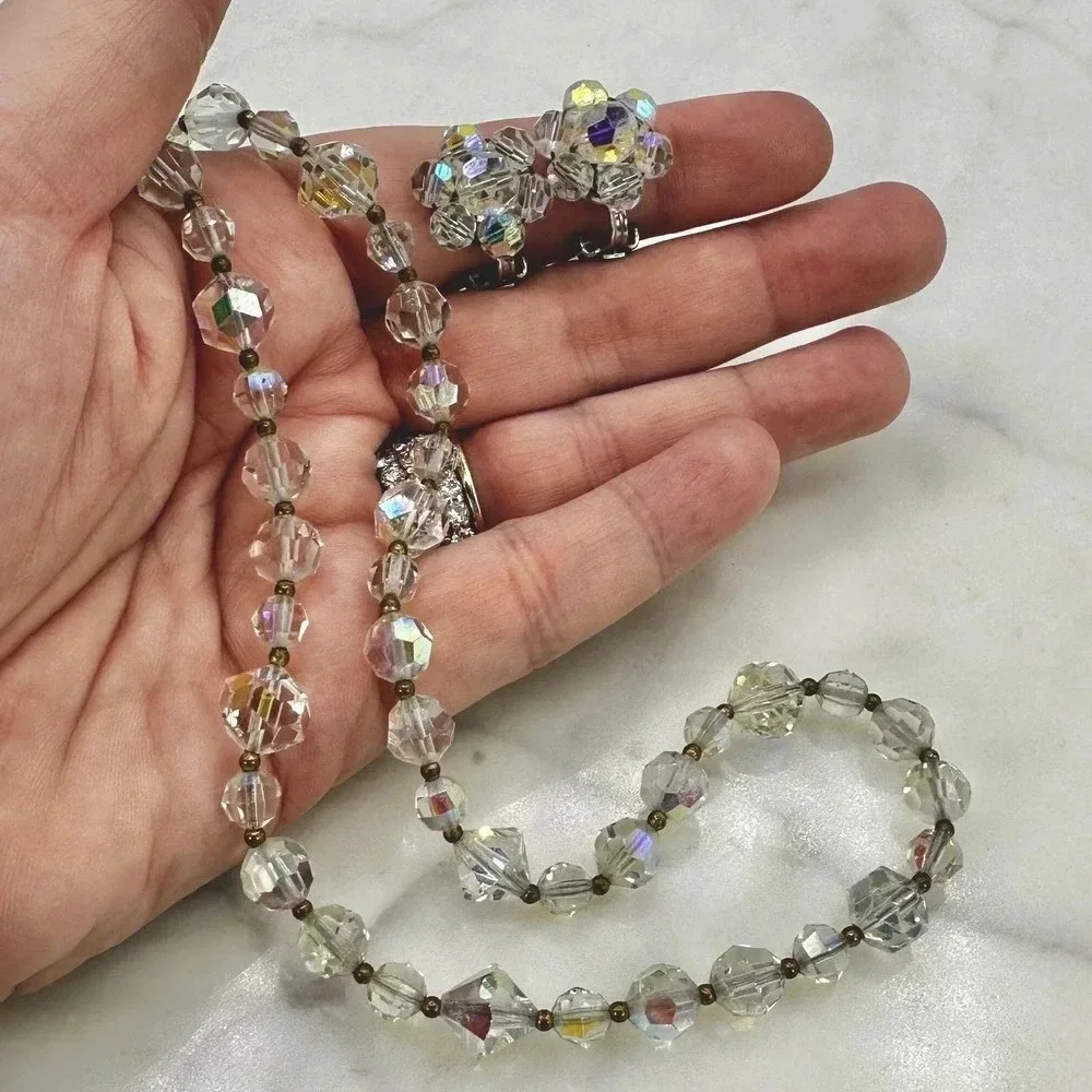 Vintage Crystal Aurora Borealis Necklace  Matching Clip On Earrings Set …